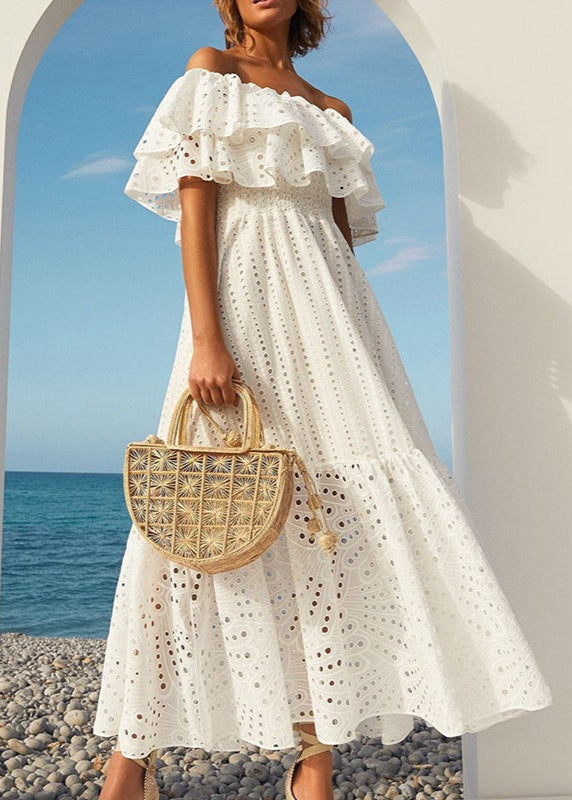 Lunara Eyelet Off-Shoulder Dress White Ruffle Midi