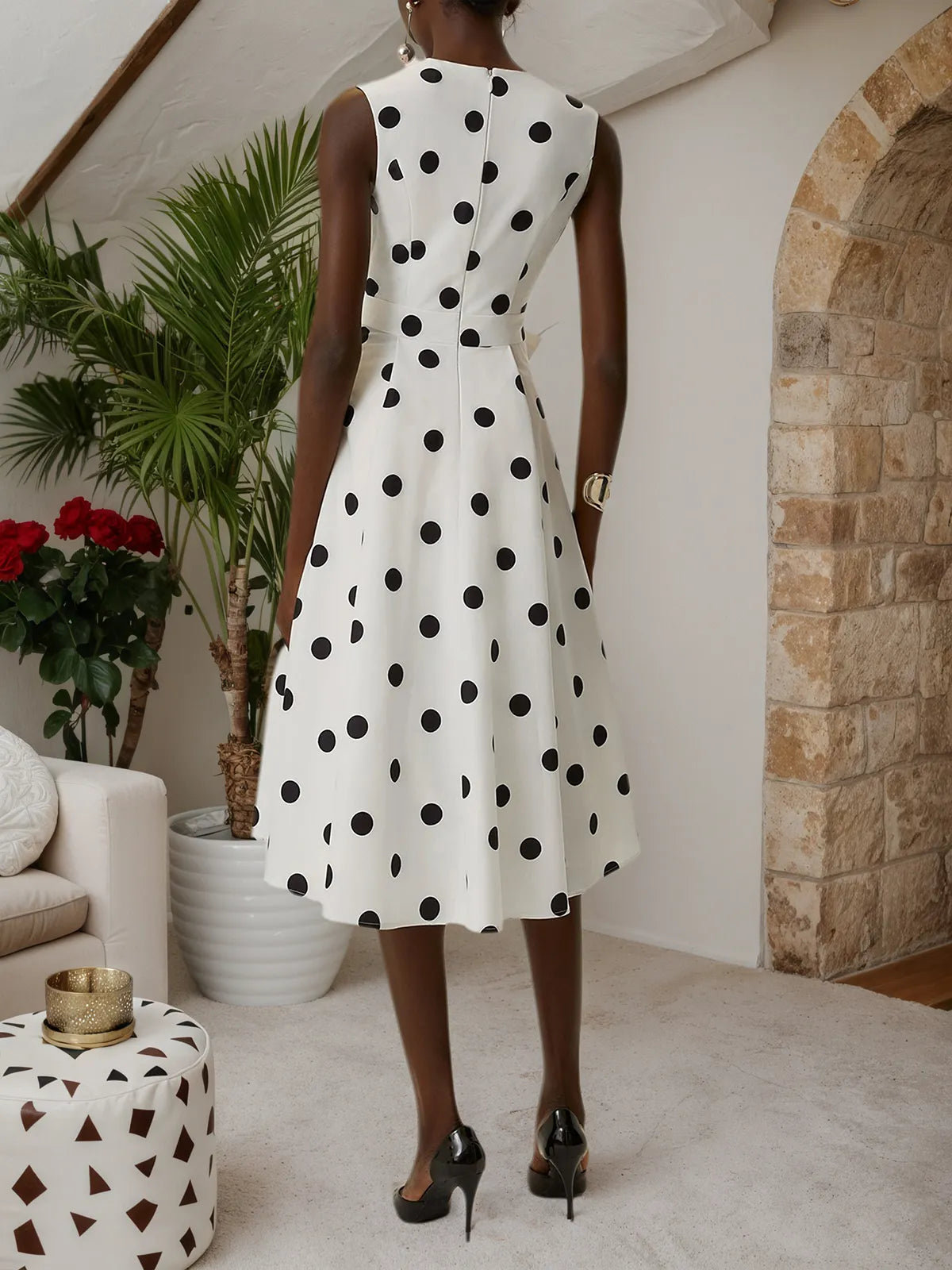 Polka Dot V-Neck Sleeveless Tie Waist A-Line Midi Dress 2