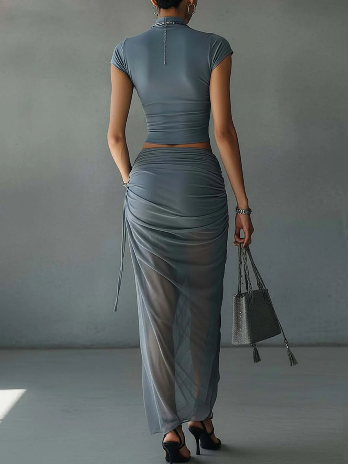 Mock Neck Crop Top and Ruched Mesh Maxi Skirt Two Piece Set