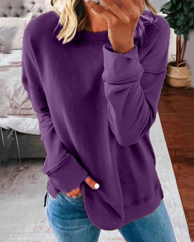 Crew Neck Long Sleeve Side Slit Sweatshirt 11