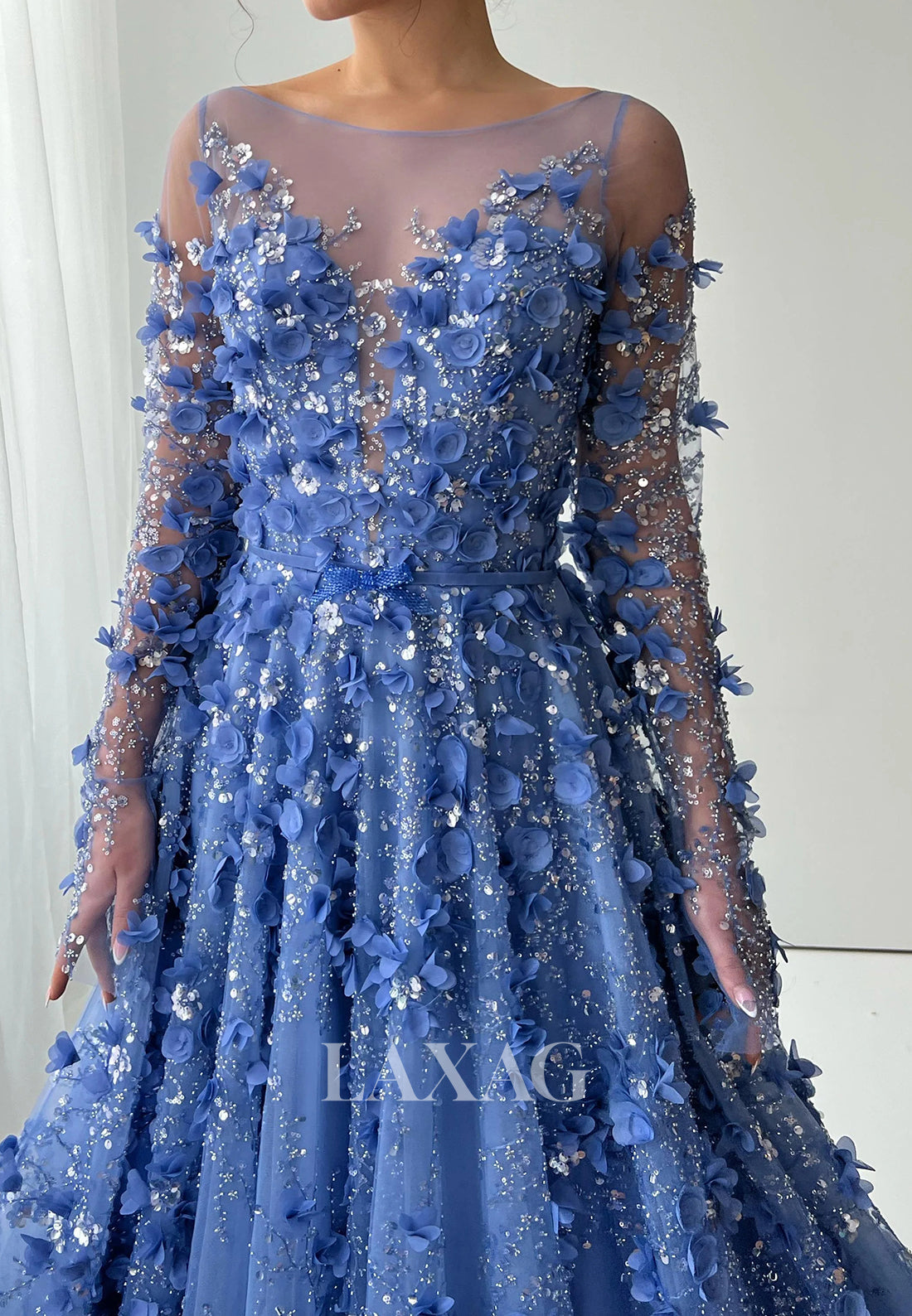 Deep V-Neck Long-Sleeves Pleated Sequined Floral Embellished Tulle A-Line Prom Dress