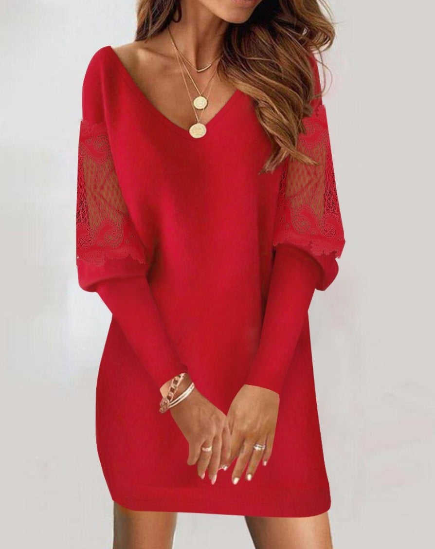 Deep V-Neck Lace Panel Long Sleeve Sweater Mini Dress