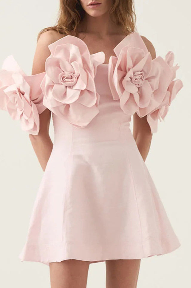 Floral Appliqué Off Shoulder Fit and Flare Mini Dress