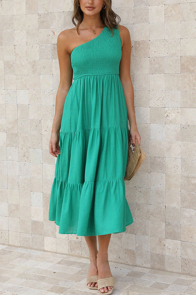 One Shoulder Smocked Bodice Sleeveless Tiered Midi Summer Dress 3