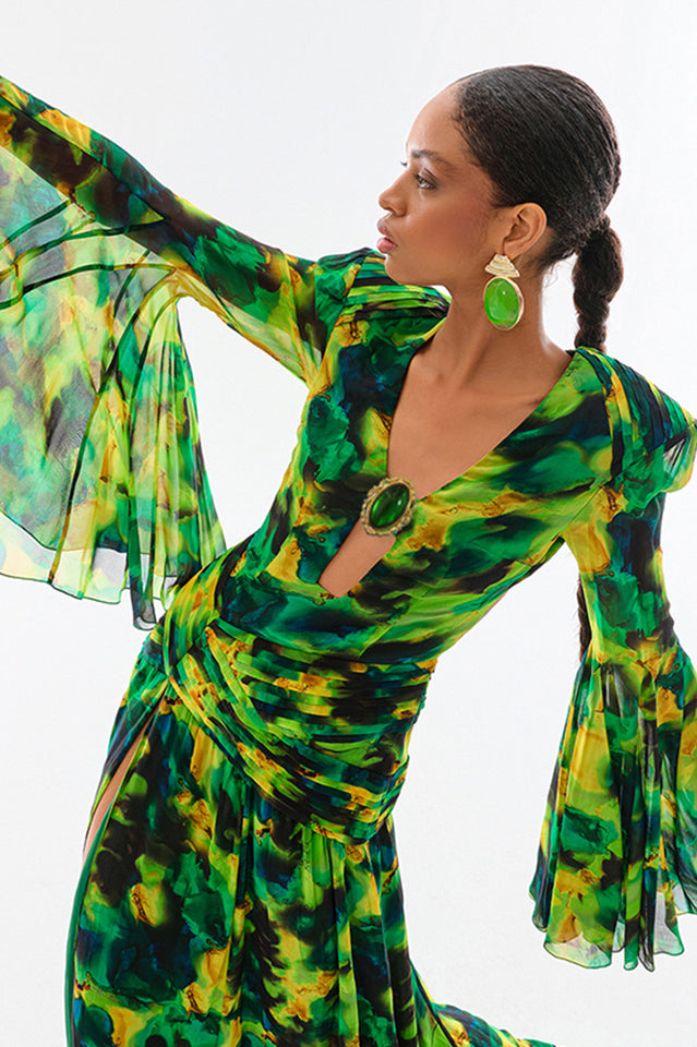 Bell Sleeve Printed Gown