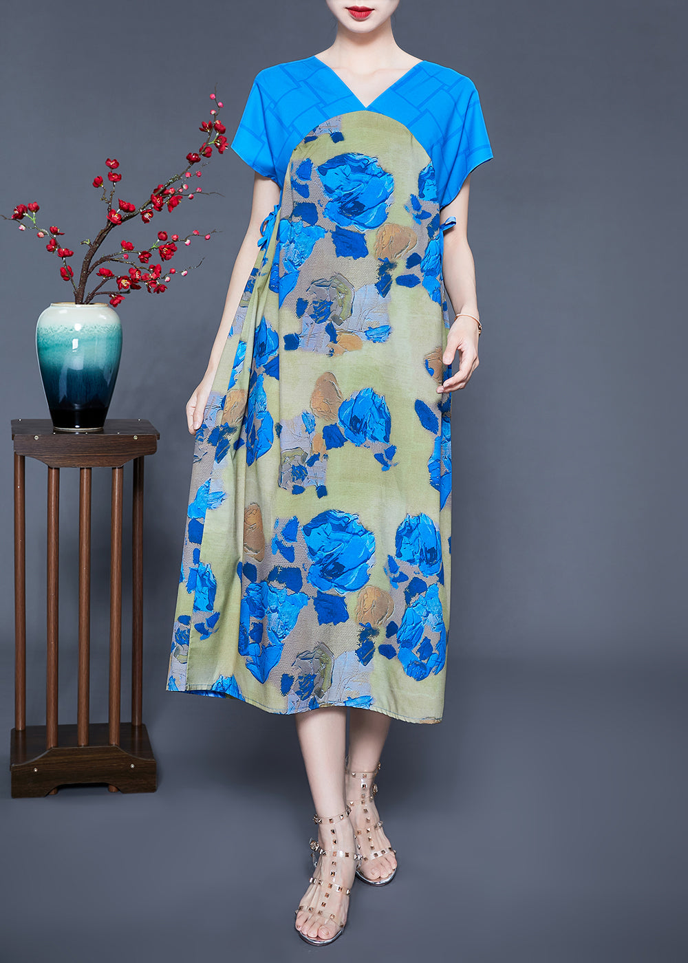 Floral Print Patchwork V-Neck Flutter Sleeve Midi Dress