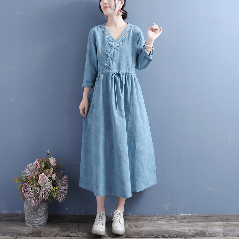 Jacquard Floral Embroidery Frog Button Wrap V-Neck Tie Waist Midi Dress