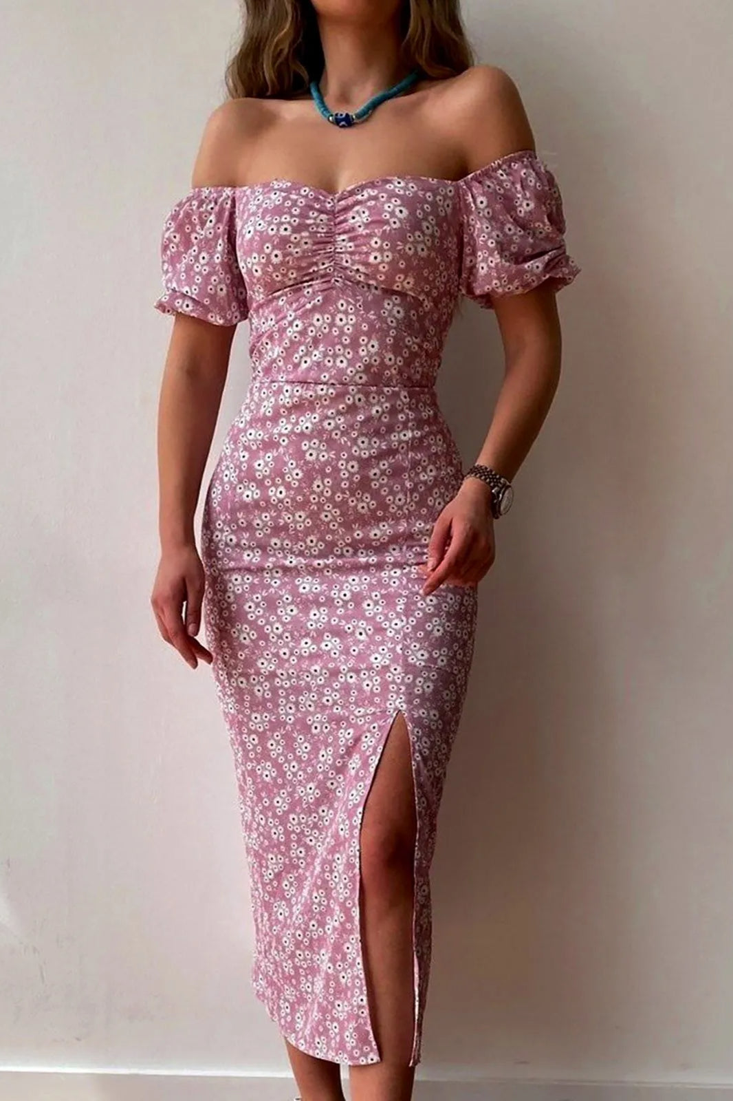 Chiffon Wrap Slit Floral Dress 4