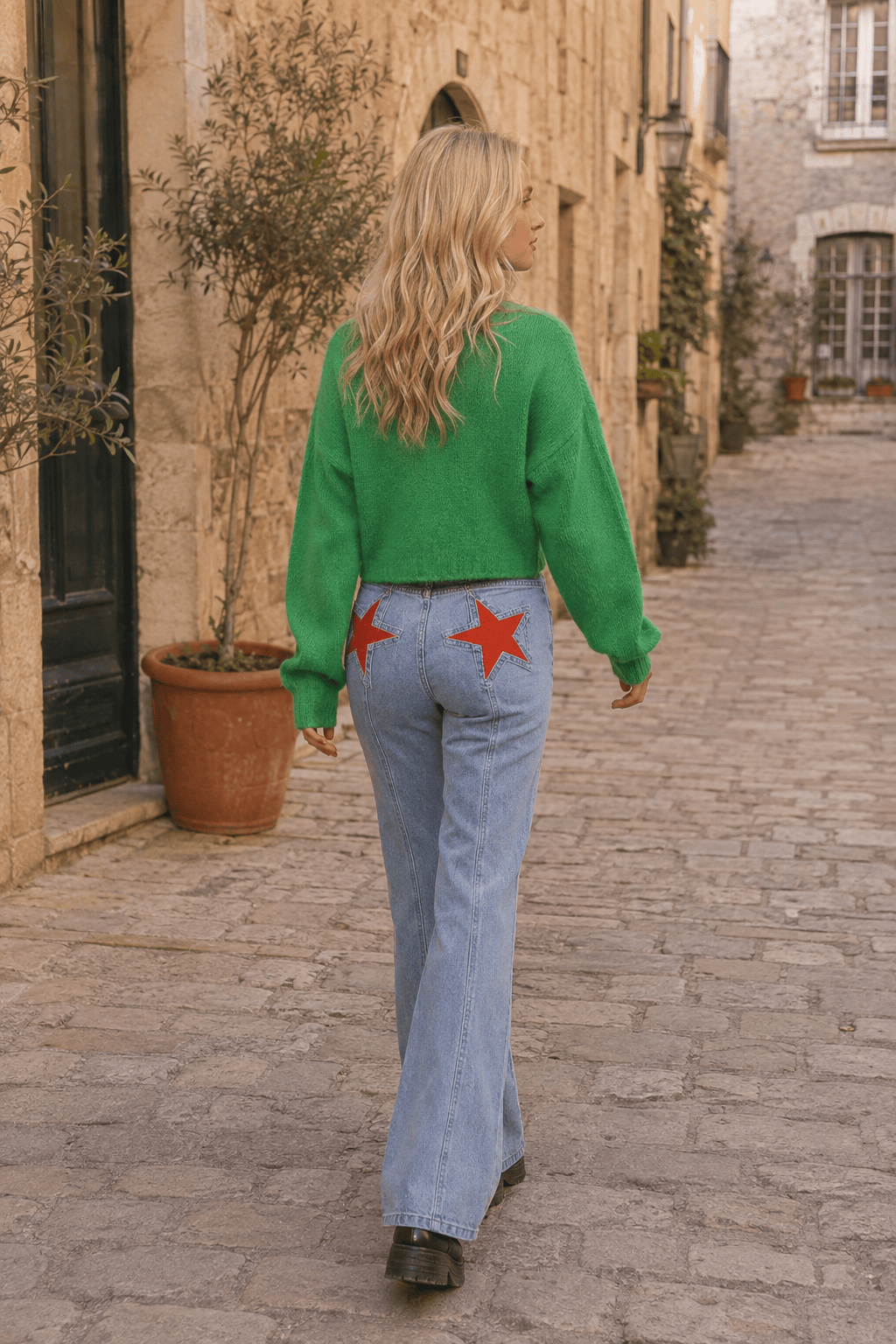 Back Star Patchwork Flare Jeans