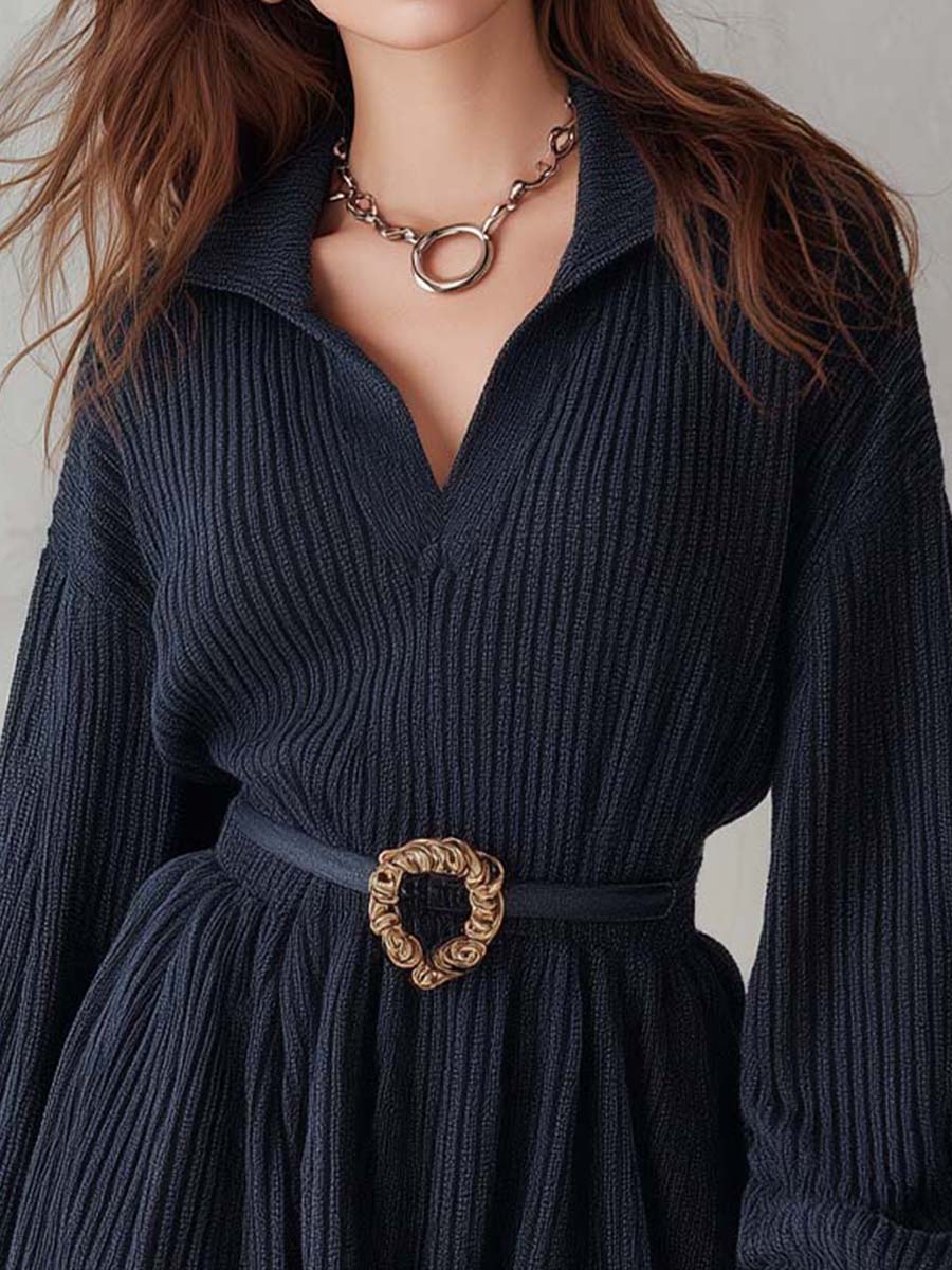 Deep Navy Minimal Chic Soft Ribbed Knit Mini Dress With Belt