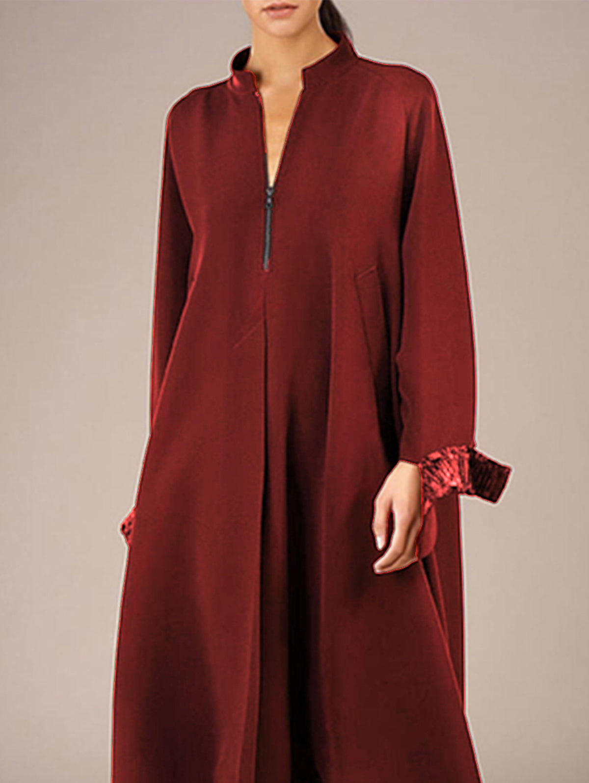 Zip Front Mock Neck Long Sleeve Contrast Cuff Handkerchief Hem Midi Dress