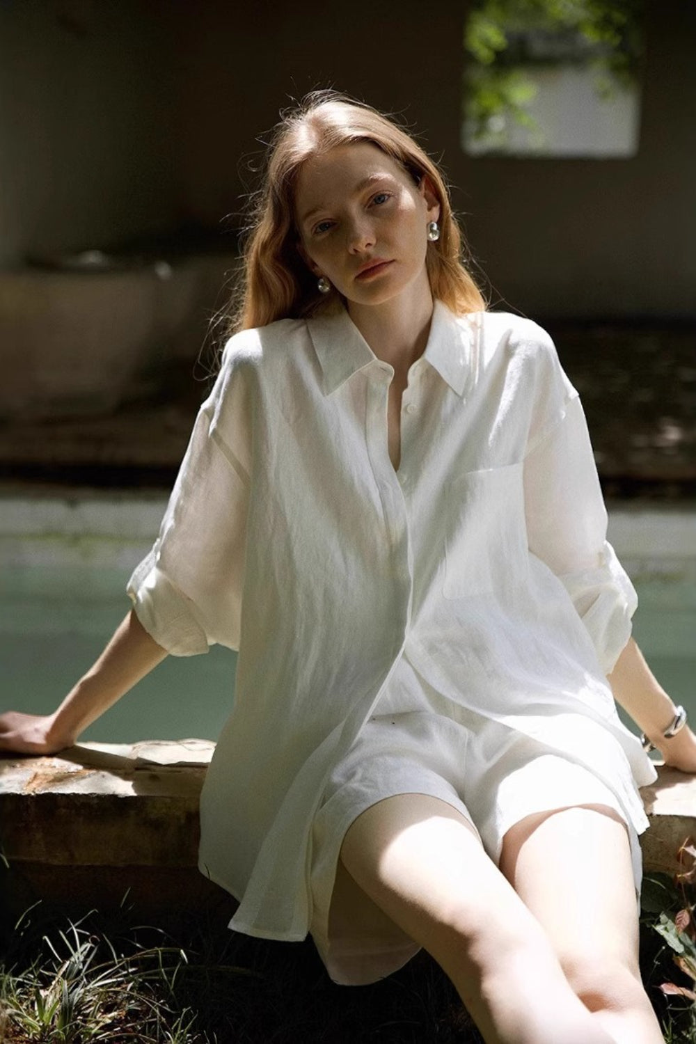 Linen Adjustable Tab Long Sleeve Top