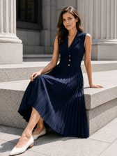Ruched Ice Silk Lapel High Waist Work Dress