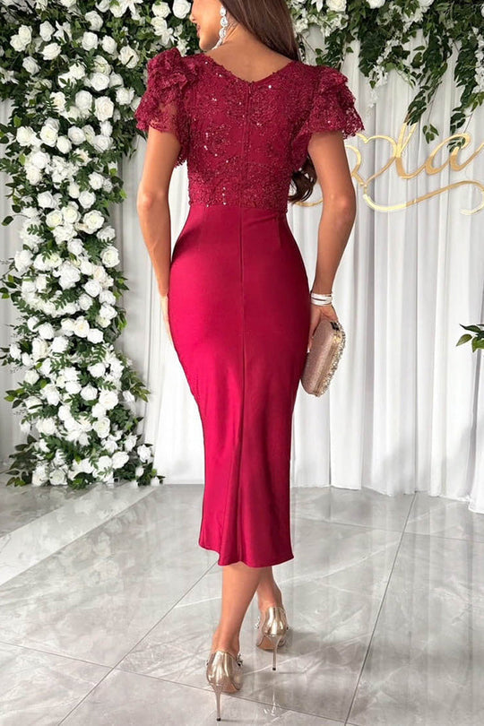 Sequin Lace V-Neck Ruffle Sleeve Ruched Satin Split Midi Dress 10