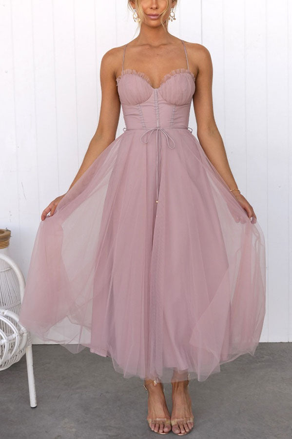 Tulle Corset Bustier Sweetheart Spaghetti Strap Tie Waist Midi Party Dress