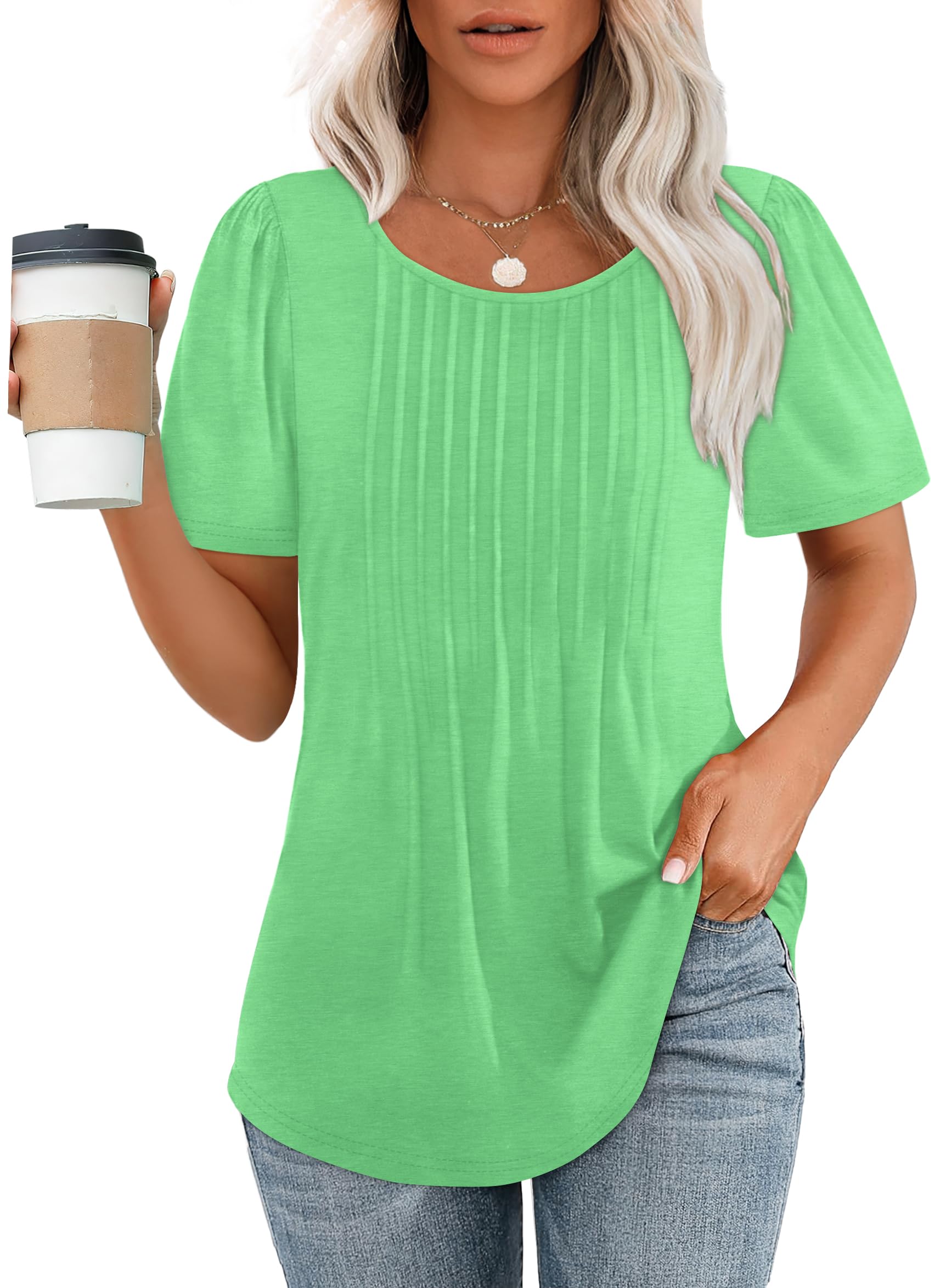 ⏰Hot Sale-Women's Short Sleeve Pleated Dressy Casual Scooped Neck Tops (Buy 3 Free Shipping) Lake Green S
