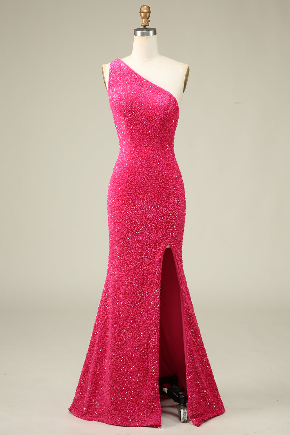 Mermaid One Shoulder Fuchsia Sequins Long Prom Dress with Split Front