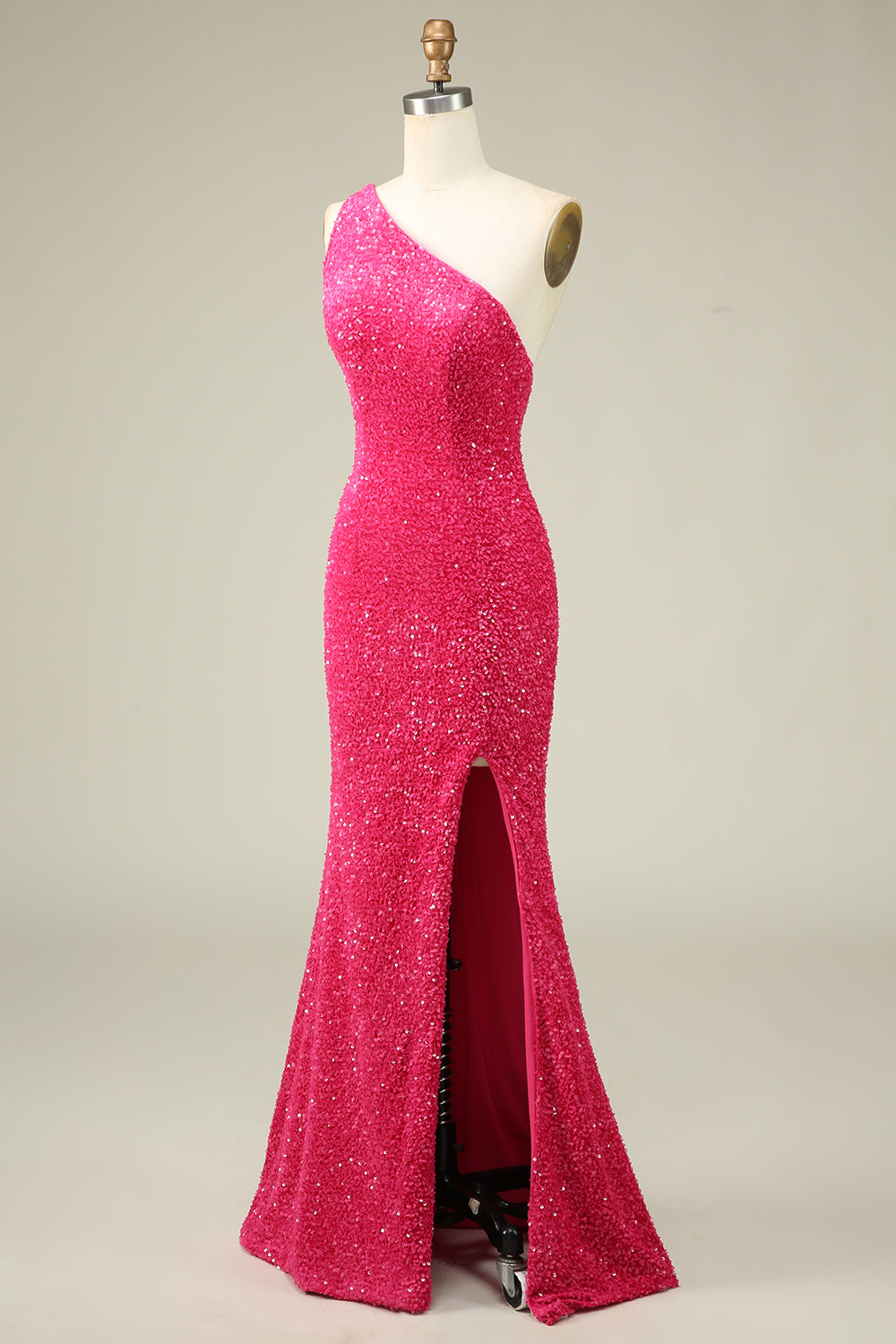 Mermaid One Shoulder Fuchsia Sequins Long Prom Dress with Split Front