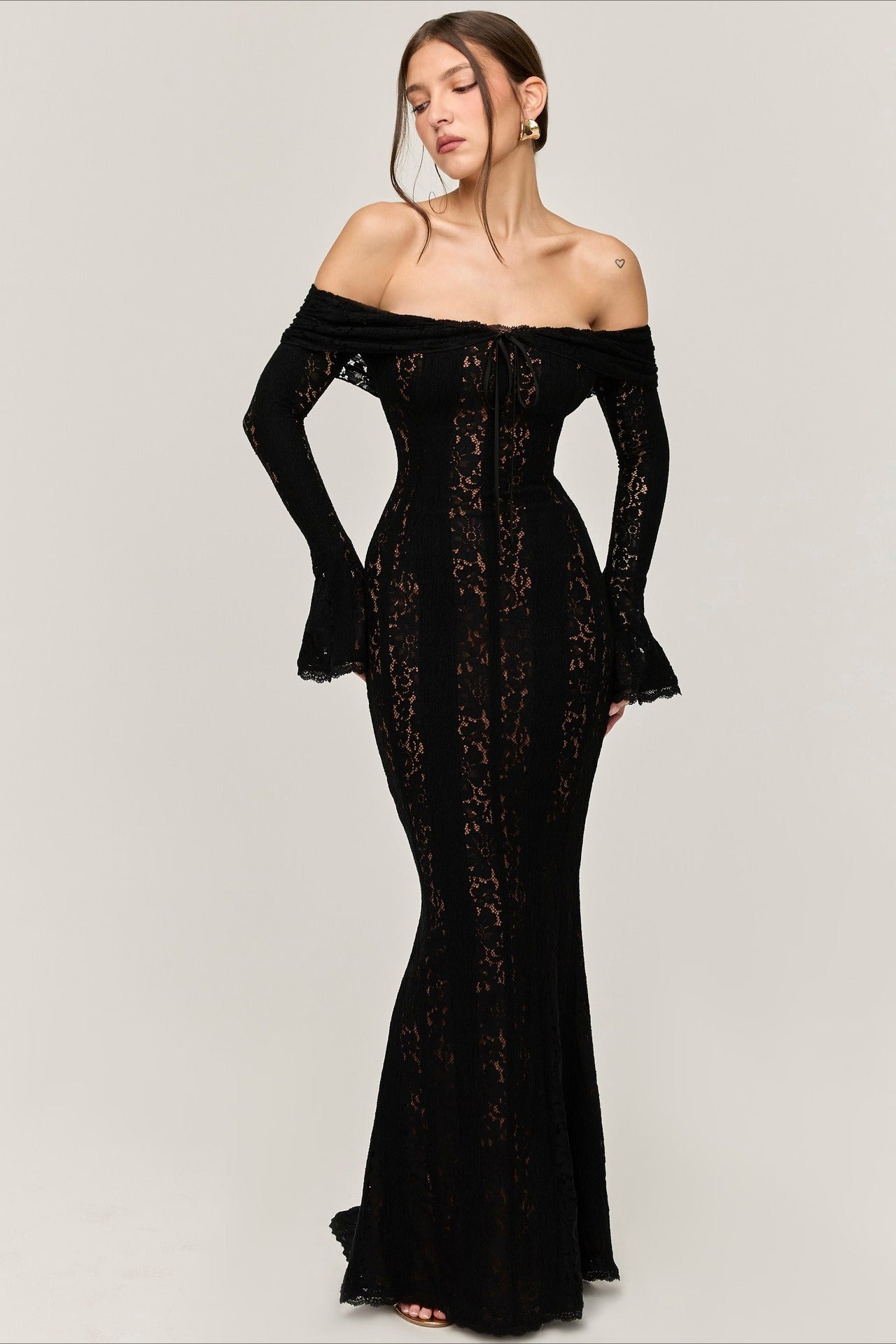 High-Waist Off-the-Shoulder Lace Dress