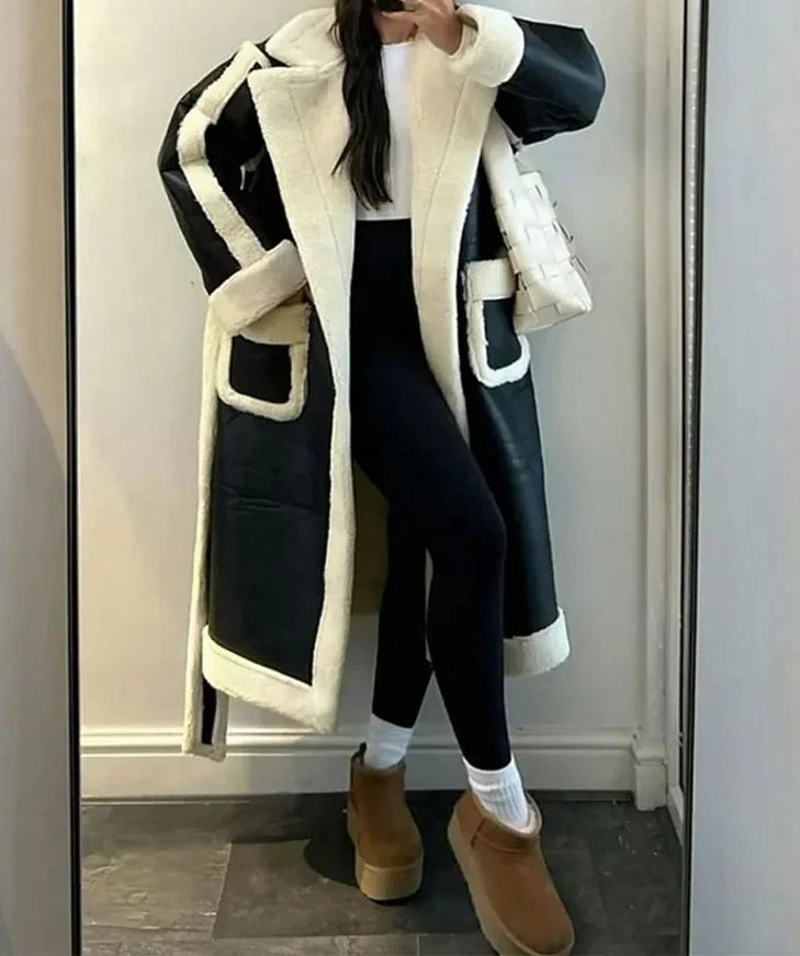 Faux Shearling Trim Faux Leather Belted Longline Coat