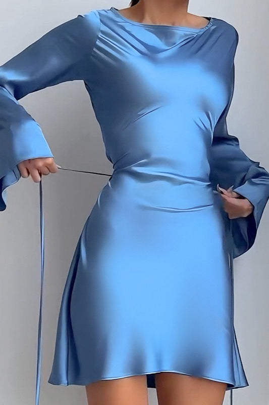 Satin Cowl Neck Bell Sleeve Tie Waist Mini Dress