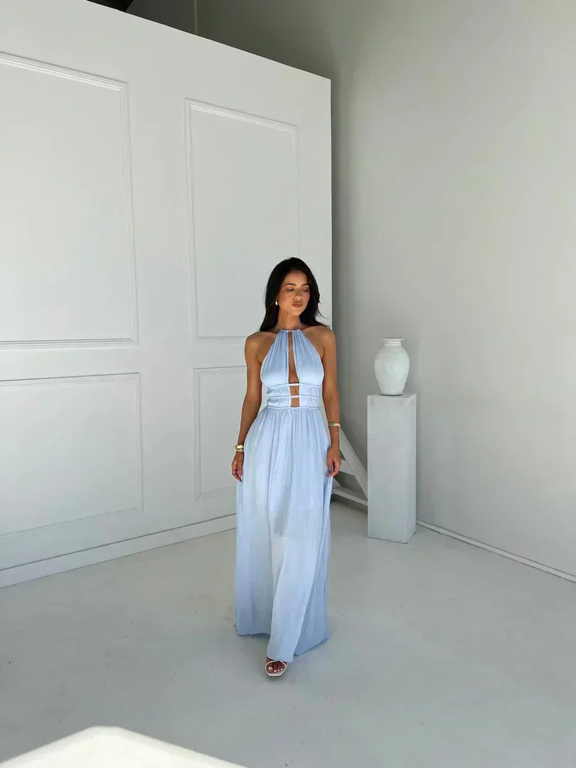 Satin Halter High Neck Ladder Cut Out Open Back Flowy Maxi Dress 3