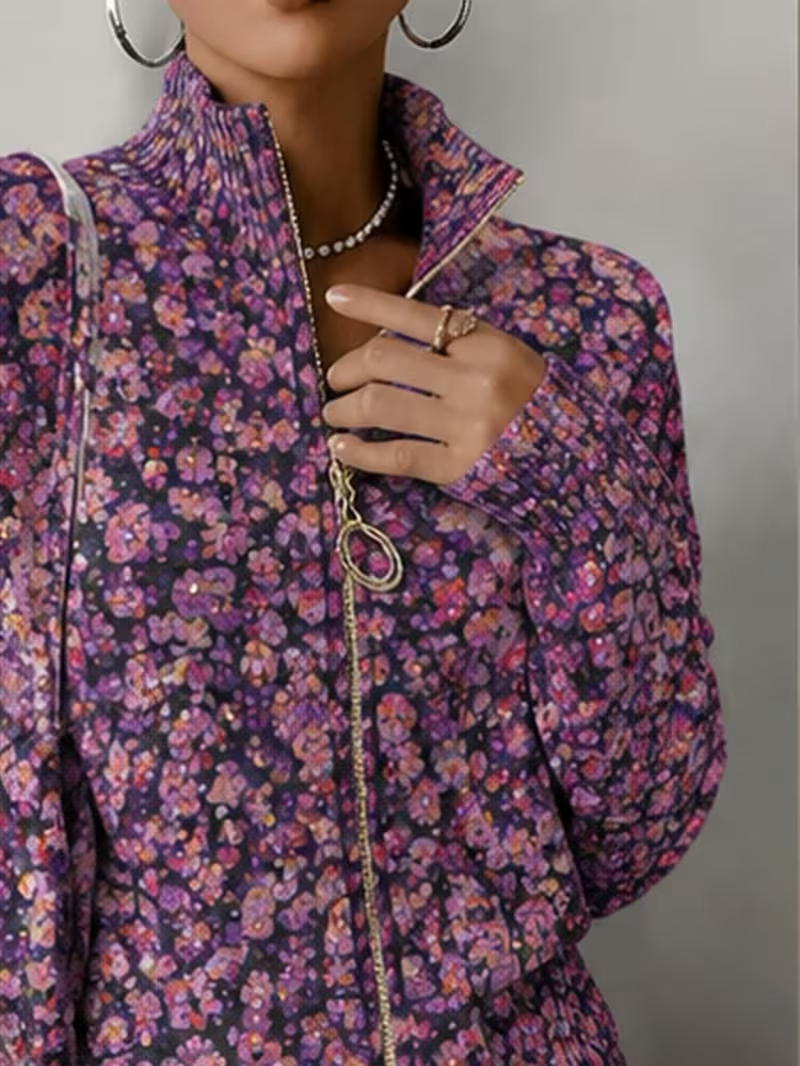 Ditsy Floral Print Zip Front Stand Collar Cardigan
