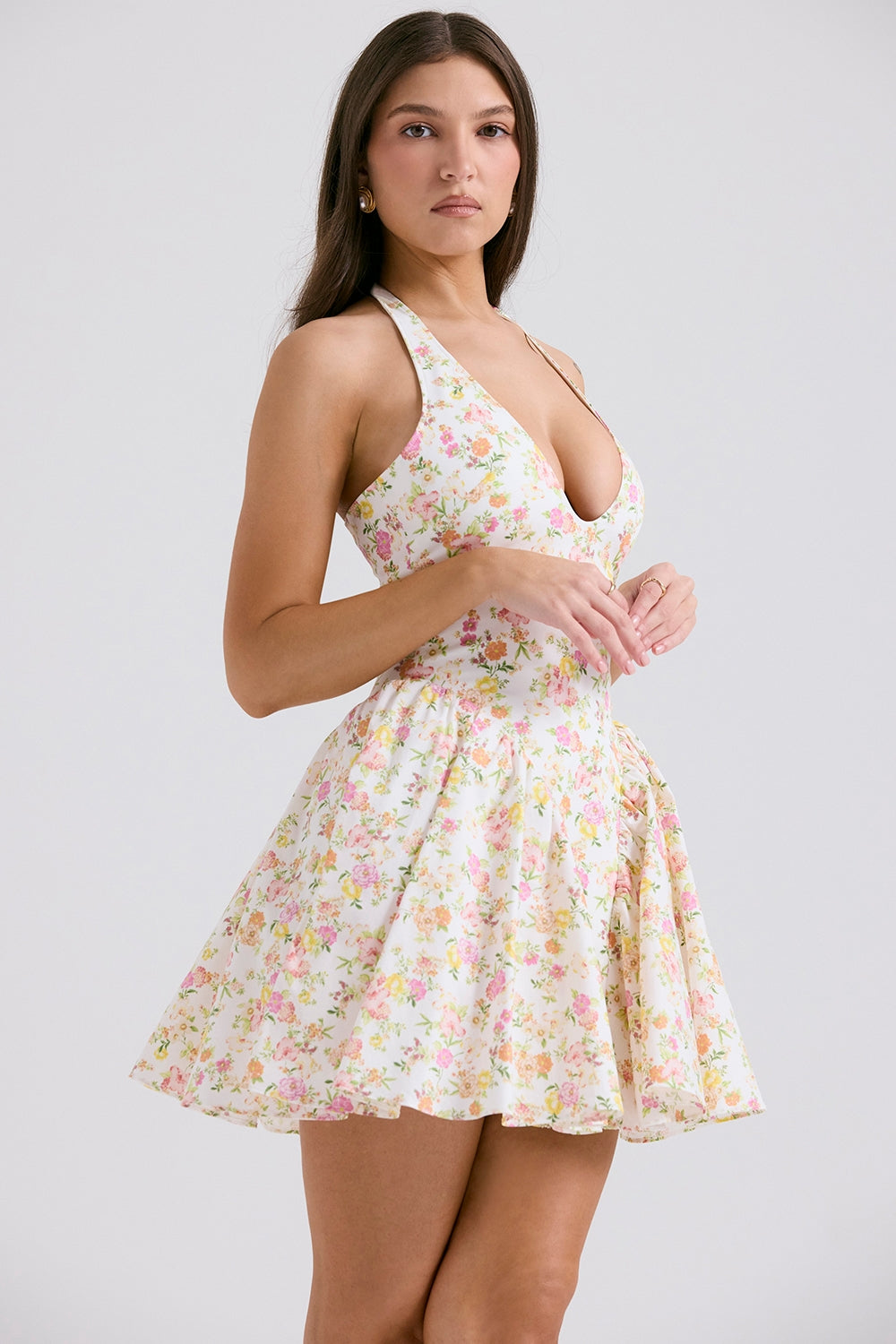 Floral Print Halter Plunge Drop Waist Flared Mini Dress 7