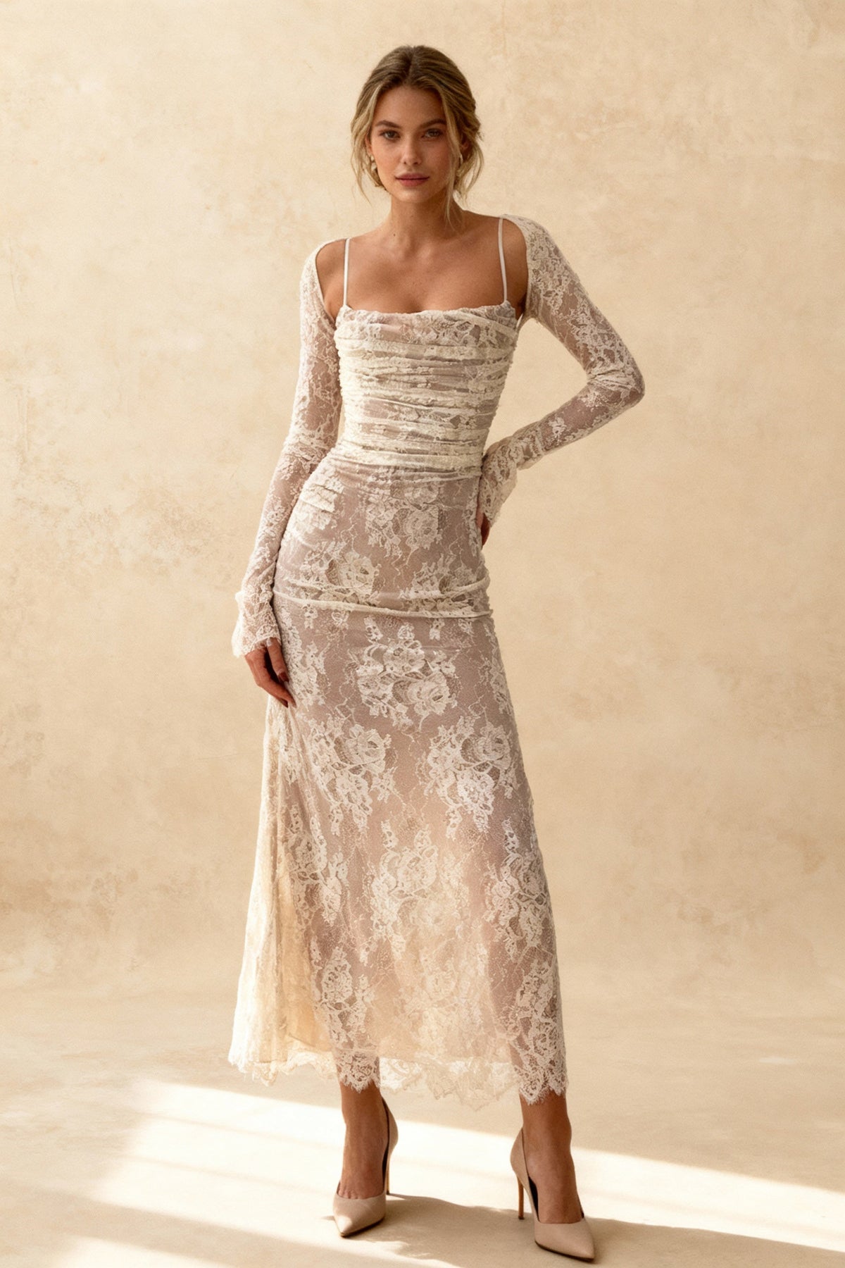 Floral Lace Square Neck Long Sleeve Ruched Bodice Scalloped Hem Midi Dress