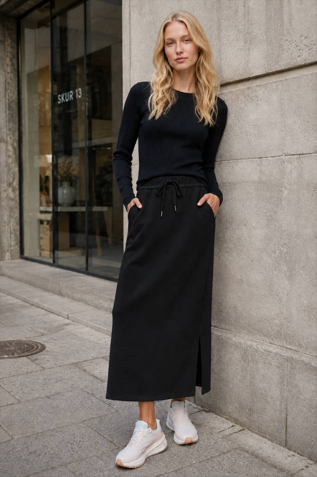 High Waist Drawstring Pocket Side Split Straight Maxi Skirt