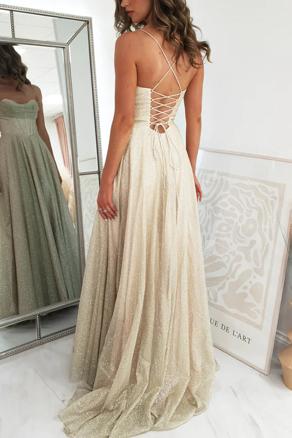 Cinderella Glitter Tulle Fabric Cowl Neck Back Lace-up Maxi Dress - View 10