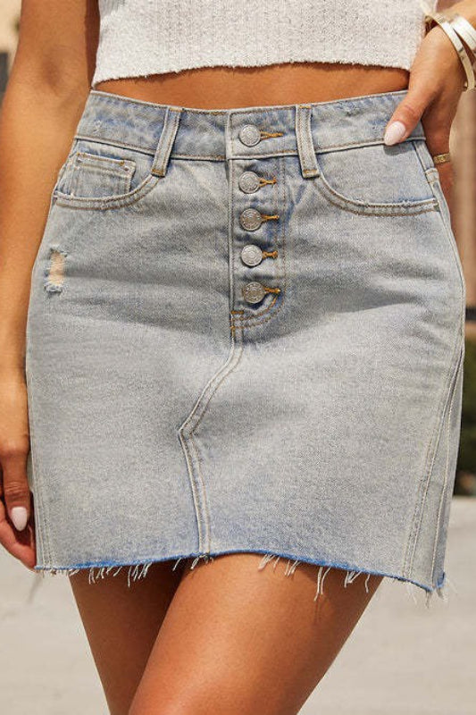 High Waist Button Fly Frayed Raw Hem Denim Mini Skirt 3