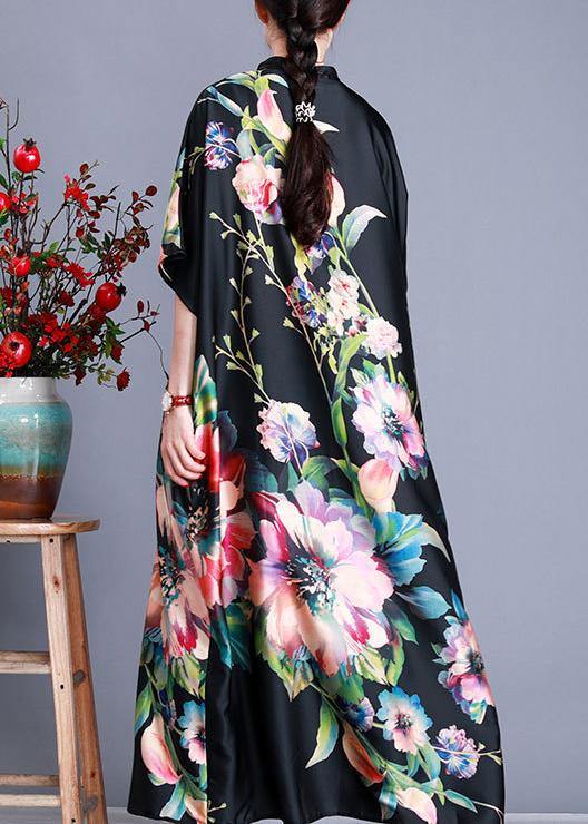 Floral Print Stand Collar Batwing Sleeve Oversized Kaftan Maxi Dress