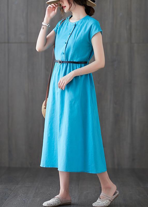 Round Neck Cap Sleeve Asymmetric Button Belted A-Line Midi Dress