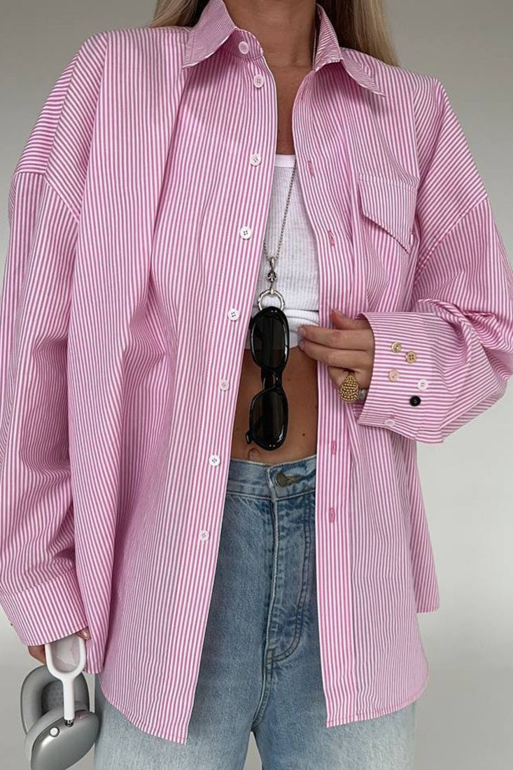 Striped Collared Tie Front Flap Pocket Oversized Shirt 2