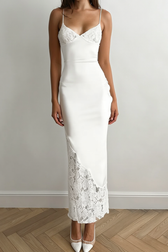 Lace Panel V Neck Cutout Back Tie Evening Slip Dress