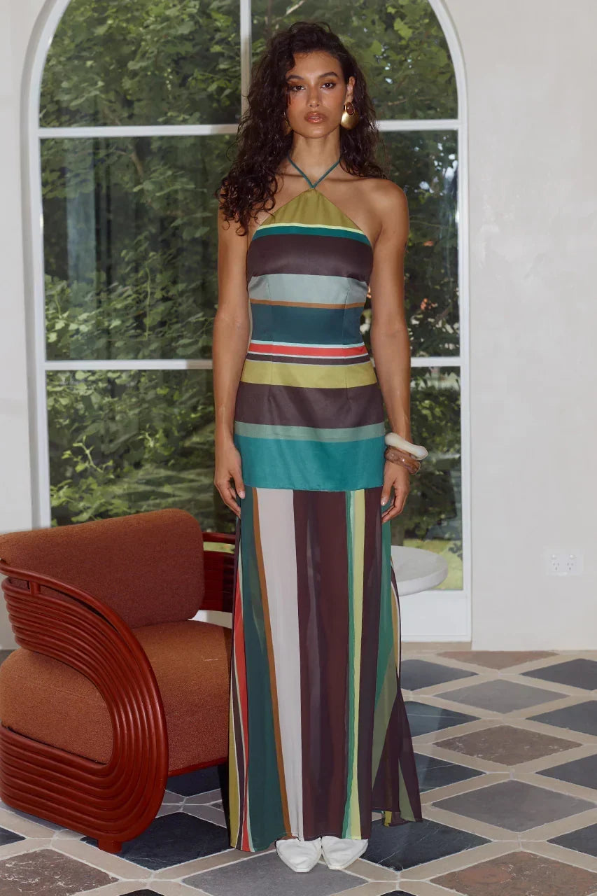 Striped Satin Halter Double High Split Maxi Dress 5