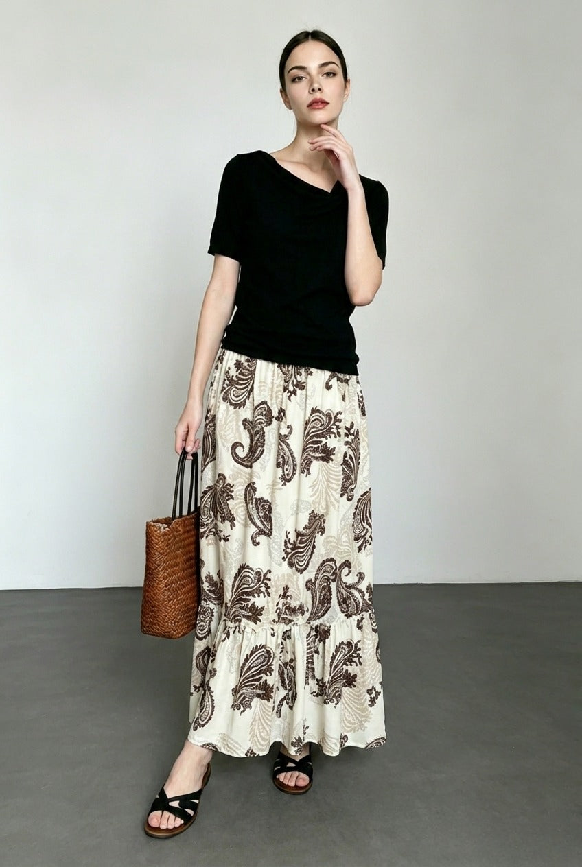 Paisley Print Elastic Waist Tiered Ruffle Hem Maxi Skirt