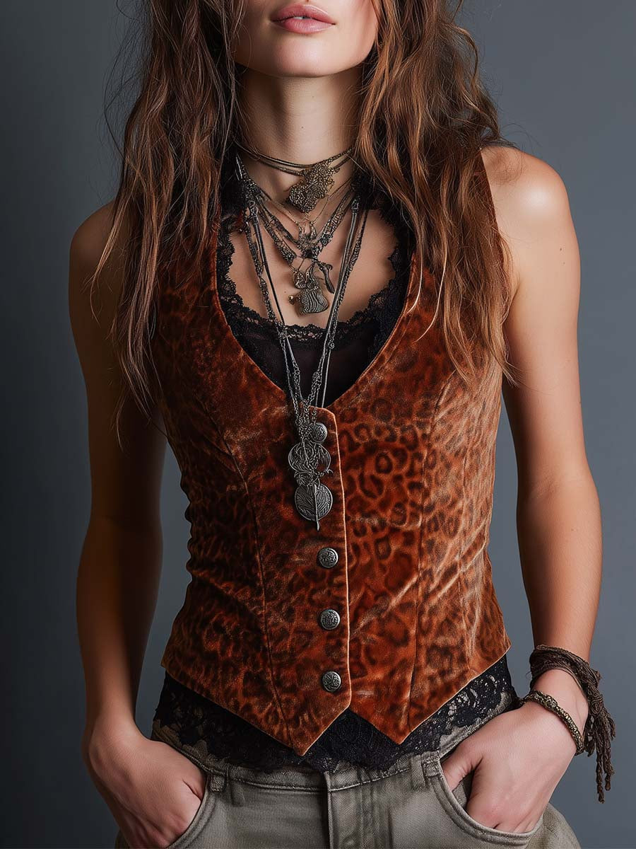 Caramel Velvet Leopard Lace Button Vest