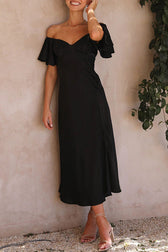 Satin Off Shoulder Puff Sleeve High Split Midi Dress 12