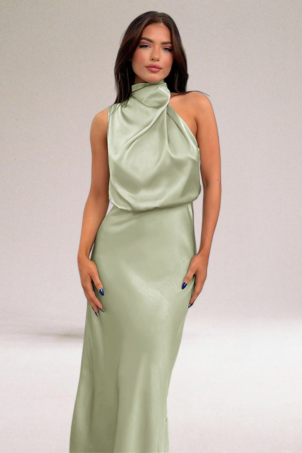 Satin High Neck One Shoulder Draped Maxi Dress