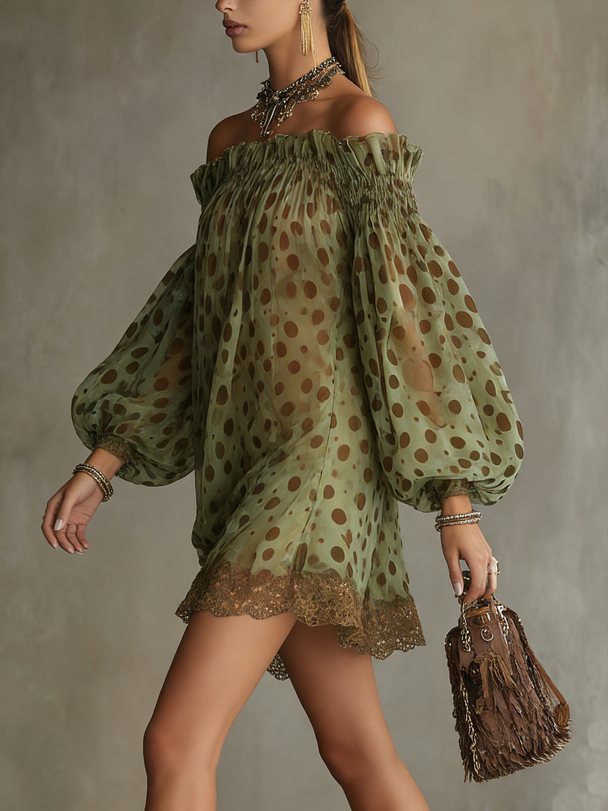 Green Polka Dot Off-Shoulder Chiffon Mini Dress with Lace Hem