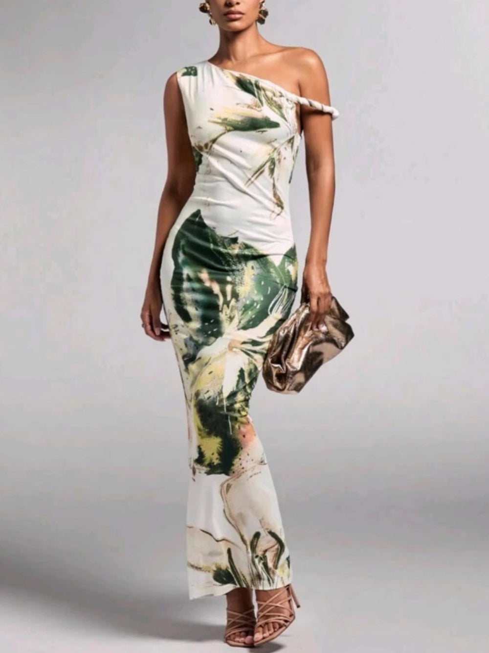 Printed pleated one-shoulder maxi dress Green
