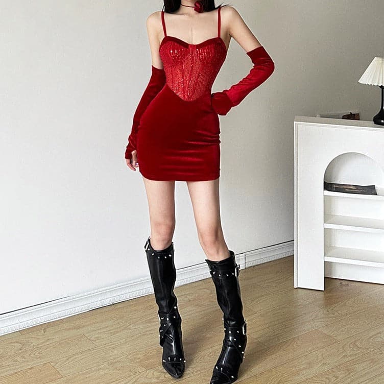 Sweetheart neck gloves velvet glitter mesh patchwork cami dress 12