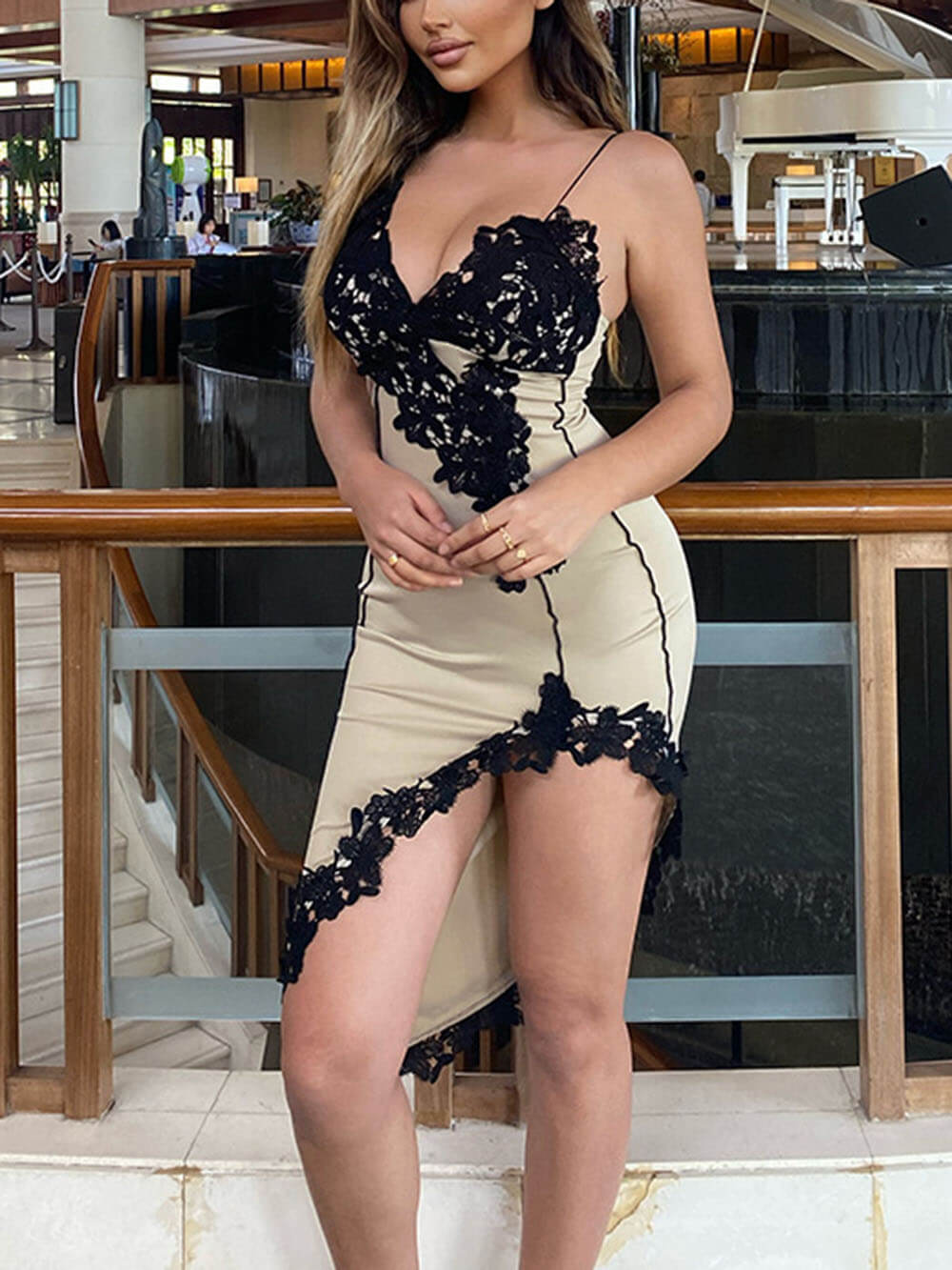 V Strap Lace Hip Hugging Short Dress