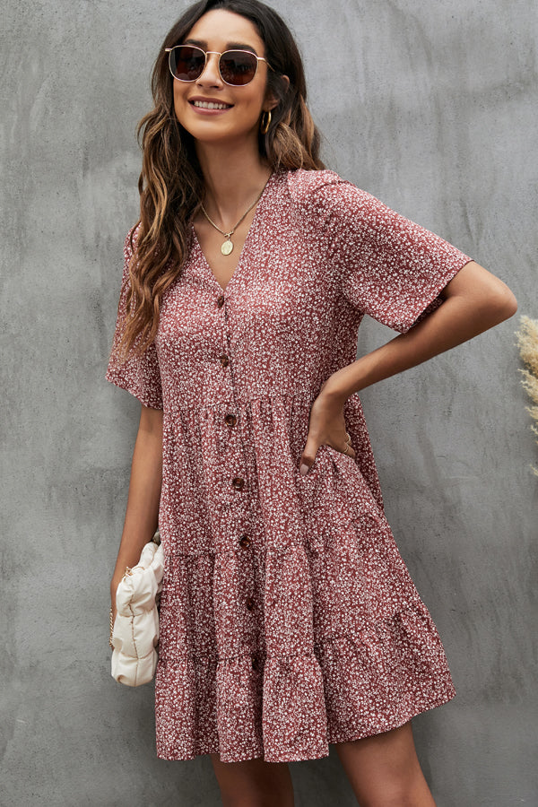 Fashion Button V Neck Mini Dress