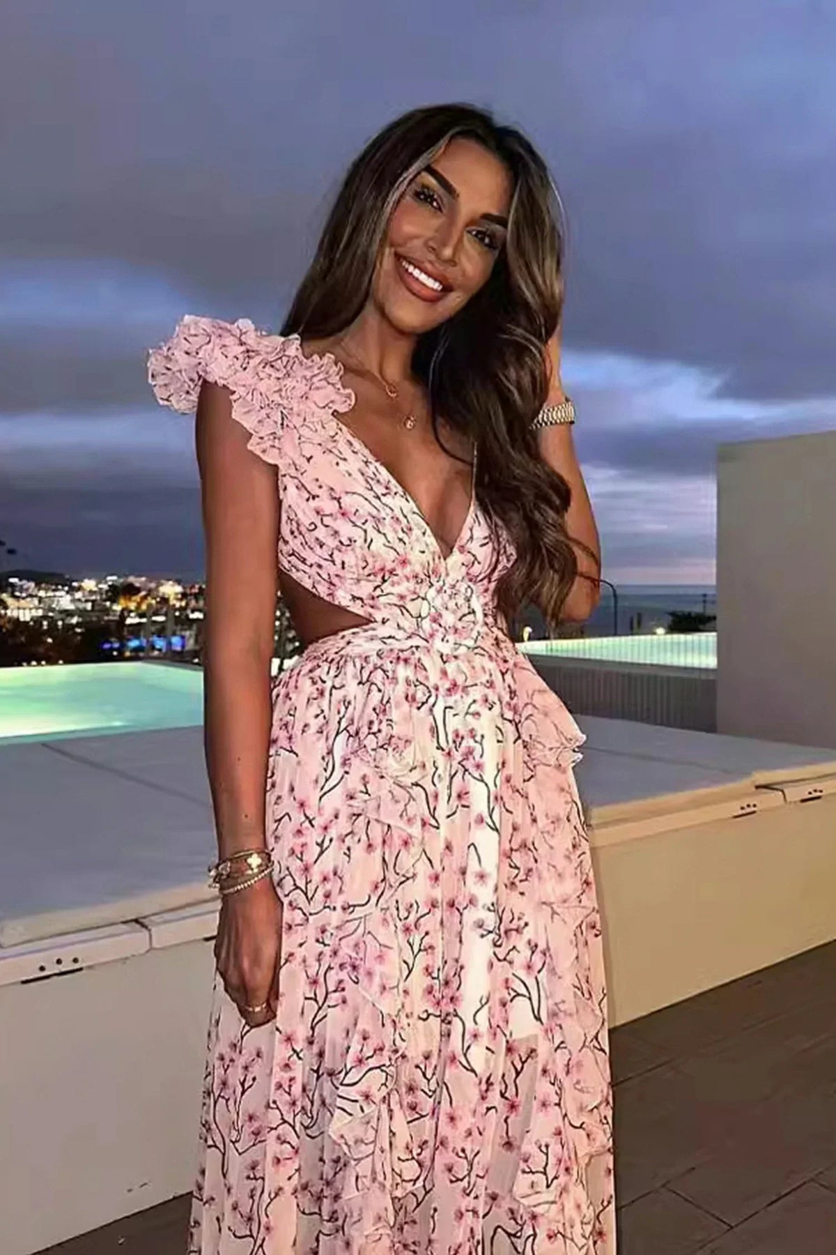 Floral Print Deep V-Neck Ruffle Shoulder Cut Out Midi Dress 4