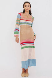 Crochet Knit Striped Square Neck Long Sleeve Maxi Dress