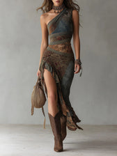 One Shoulder Mesh Ruffle High Split Maxi Dress
