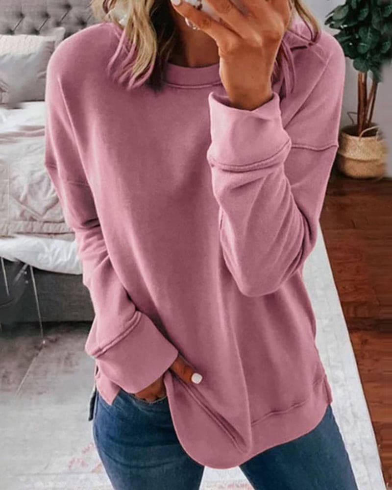Crew Neck Long Sleeve Side Slit Sweatshirt 4